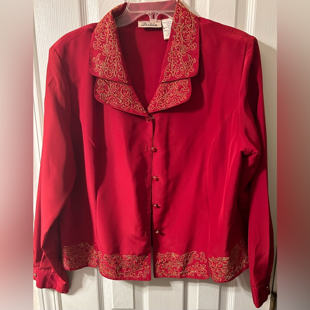 Vintage Perlita Blouse Red & Embroidered with Gold…Size: Large